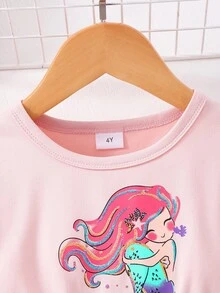 Vestido infantil com estampa de sereia, manga curta, gola redonda, delicado vestido princesa com lantejoulas em degradê, ideal para uso diário, festas e verão. - Rosa - Ver 5