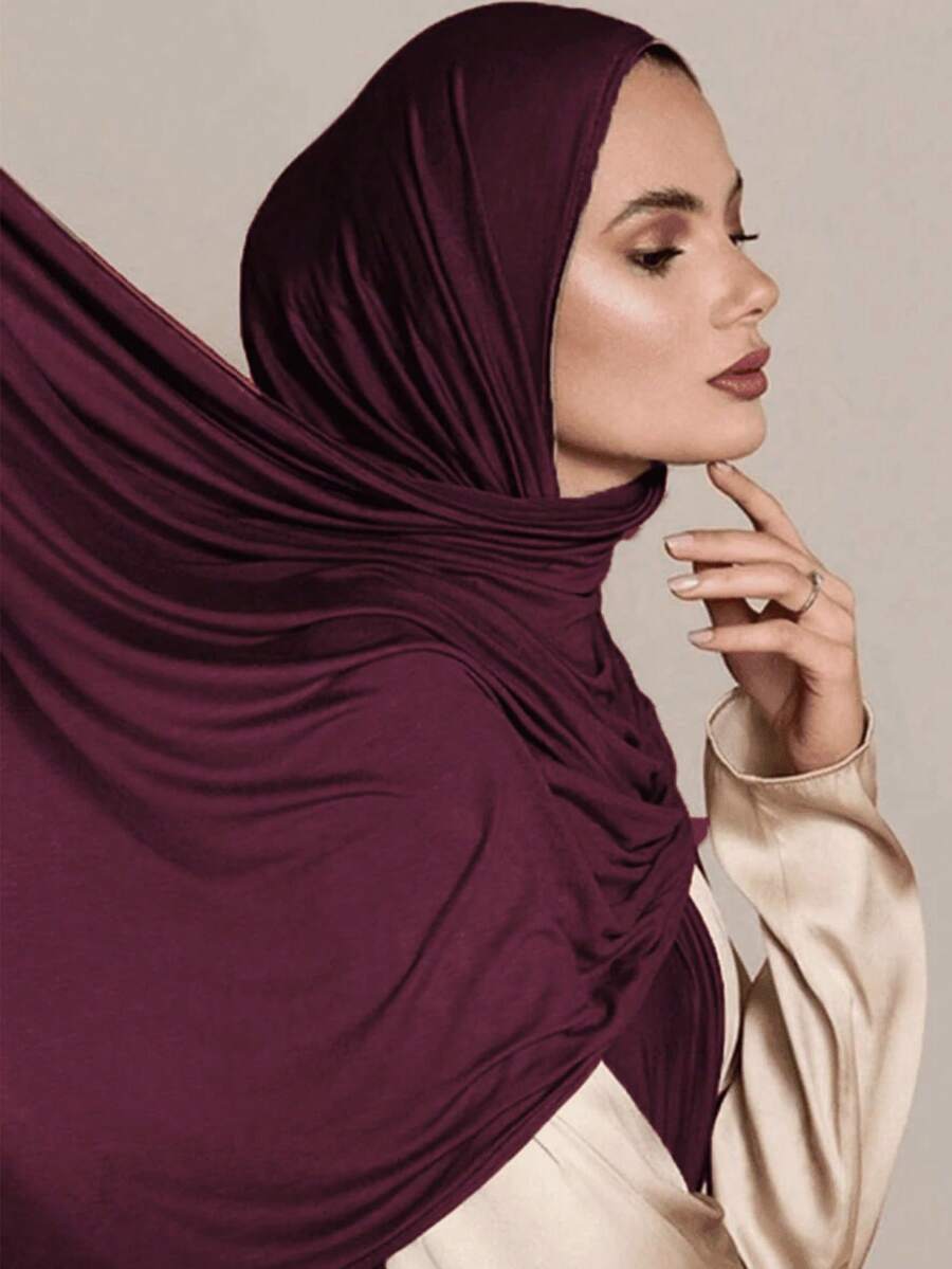 1pc New Style Large Size Jersey Hijab Shawl Soft Casual Solid Color Women Scarf - Đỏ đậm - Xem 1