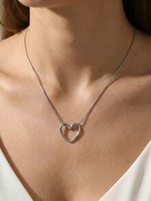 1件时尚简约不锈钢几何心形吊坠项链，低过敏性，适合叠戴，适合女性日常、约会、度假装扮和节日礼物 - 愛心 - 查看 6