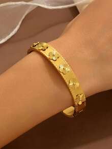 RAYQUEEN Bộ trang sức vòng tay bằng thép không gỉ thời trang, đa năng, khắc số La Mã và hình hoa năm cánh, thích hợp làm quà tặng dịp lễ. - Vàng - Xem 2