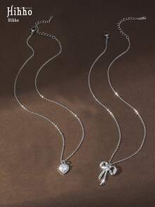 Hihho 2pcs Luxury Style Heart & Bow Layered Necklace, Gentle Commuting Jewelry - Heart-shaped Bow - View 2