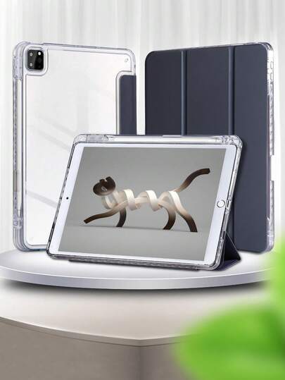 1pc Transparent Blue Acrylic Flat Tablet Case With Tri-Fold Stand, Built-In Pen Slot, High Transparency Back Cover, Anti-Drop, Sleep/Wake Function, Minimalist/Classic/Casual Tri-Fold Protective Case Suitable For Mini6/Mini7/Air/Air2/9.7/10.2/10.5/Air4/Air5/10.9/Pro11-In.(M2)-2024/ Pro 11-In.(M4)-2024/ Air 11-Inch (M3) 2025/ (A16) 11 Inch 11th Generation 2025 Models. Product Does Not Include Pen, Some Models Come With Lens Frame.