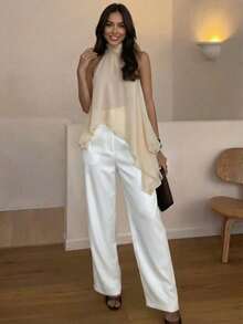 Solid Color Asymmetric Asymmetrical Knot Vacation Cold Shoulder Top Summer - Apricot - View 10