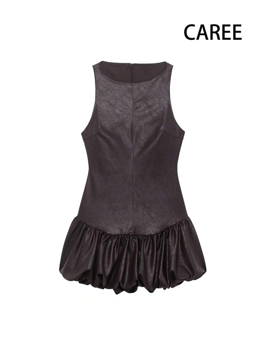 Women's Sweet & Breezy Sleeveless Ruffle Hem Mini Dress, Spring/Summer - Coffee Brown - View 1