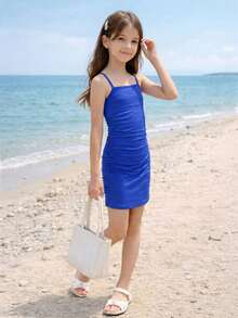 Blue Spaghetti Strap Fitted Dress, Summer Vacation/Party Style, Suitable For Girls 8-12 Years Old - Green - View 3