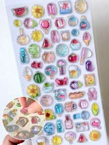 1张随机可重复使用3D贴纸 - 可爱水果、冰淇淋、拉布拉多犬、动物和宠物（猫、狗）| 自粘多层贴纸，不对称形状，哑光表面，适用于剪贴簿、日记、计划本、DIY手工 | 柔软亮丽的卡通3D浮雕可爱趣味贴纸，水晶钻石浮雕贴纸，创意定制计划本贴纸 - 彩色 - 查看 11