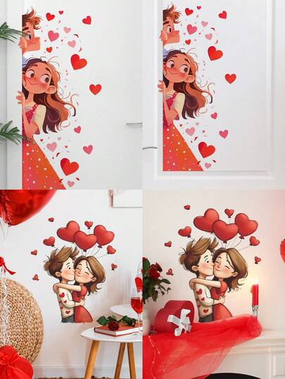 1 Miếng Dán Tường Hình Cặp Đôi Lãng Mạn Với Trái Tim, Hình Dán Tường Tự Dính - Chất Liệu PVC Có Thể Tháo Rời, Trang Trí Ngày Valentine Cho Phòng Khách, Phòng Ngủ, Cửa Nhà, Sử Dụng Một Lần
