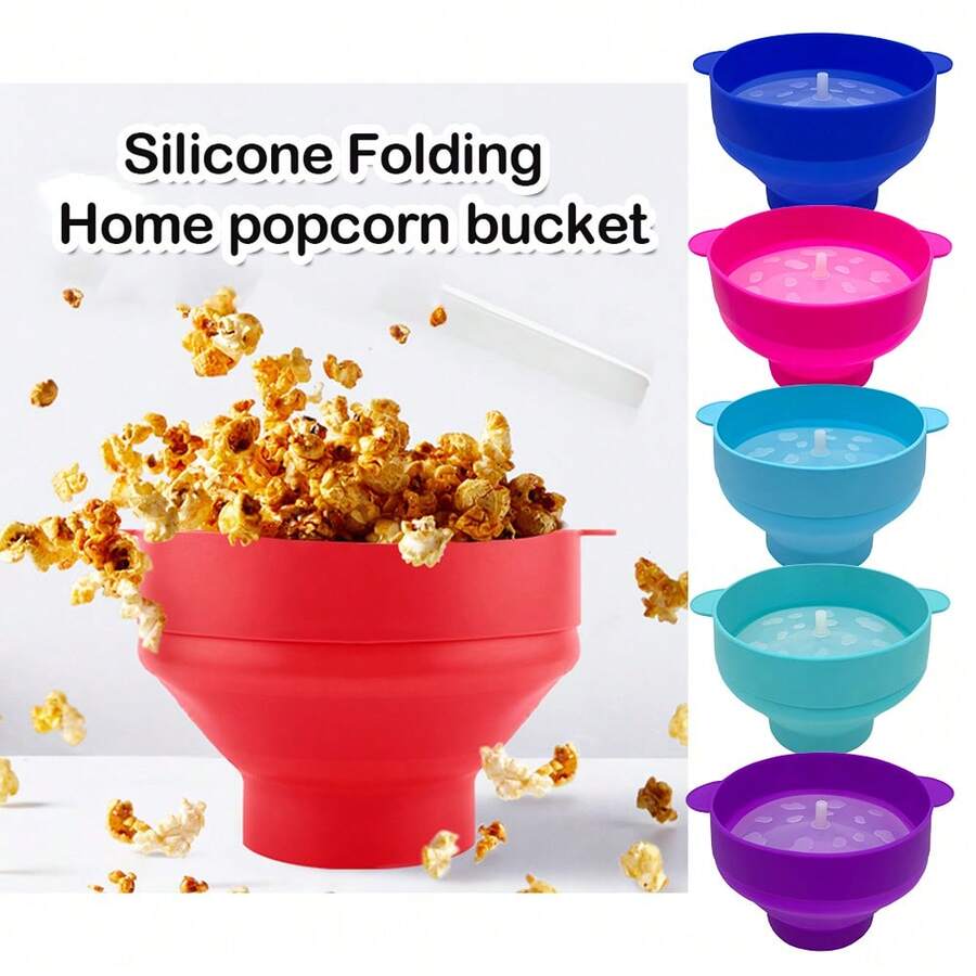 1pc Silicone Popcorn Bowl, Foldable With Handle, Heat Resistant, With Lid For Microwave Heating, Dishwasher Silicone Popcorn Maker For Home Use