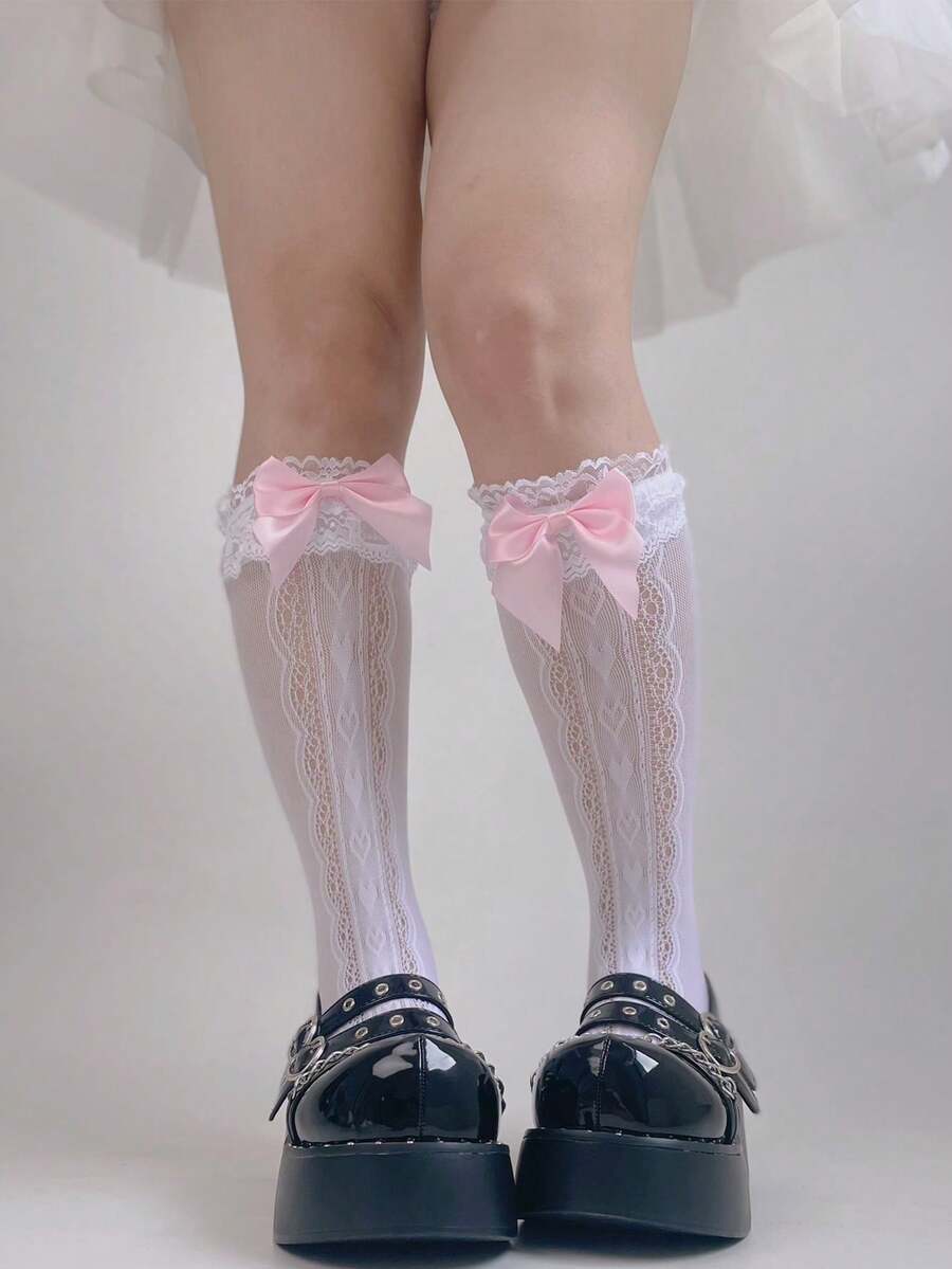 1双女士可爱蕾丝边蝴蝶结爱心图案中筒袜，甜美少女风格 - 白色 - 查看 1