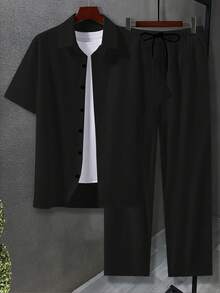 Plus-Size Men's Clothing, Summer Solid Color Casual Sportswear Two-Piece Set, Men's Plus-Size Shirt Set - 黑色 - 查看 3