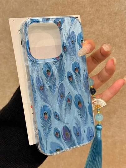 蓝色羽毛画吊坠流苏优雅新款羽毛雪纺银色简约时尚兼容 17/17 Pro/17 Pro Max/15，彩色绘画15 Pro Max，苹果P13手机壳P14女士P11软壳P12防摔XS.XR/78P.78GES2，A14/A15 S23U/A50 A12 A32 A52 A72 A51 A21S A13 A14 S22 Ultra S23 A33 A53 S20 FE