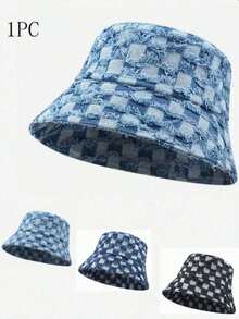 New Checkered Denim Hat 1pc Outdoor Sports Cap, Fashionable Personalized Bucket Hat For Daily Wear Street - Black - View 5