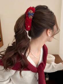 1pc Women's Plush Teddy Bear Bow Hair Clip - Soft Plush Teddy Bear Hair Accessory - Multicolor - View 2