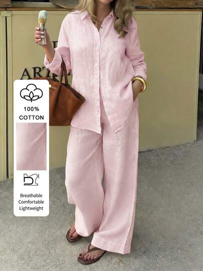 PoPoHouse Women's 2-Piece Set - Solid Color Cotton Casual Elegant Long Sleeve Collared Shirt And Loose Wide-Leg Pants Set, Suitable For Daily Commute, Leisure Travel, Valentine's Day, Spring/Summer Casual Wear