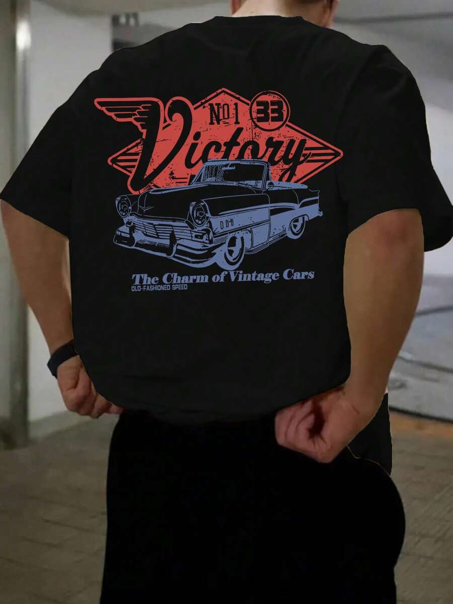Men's Vintage Car Element Printed Short Sleeve T-Shirt, Comfortable & Breathable, Suitable For Summer, Leading Fashion