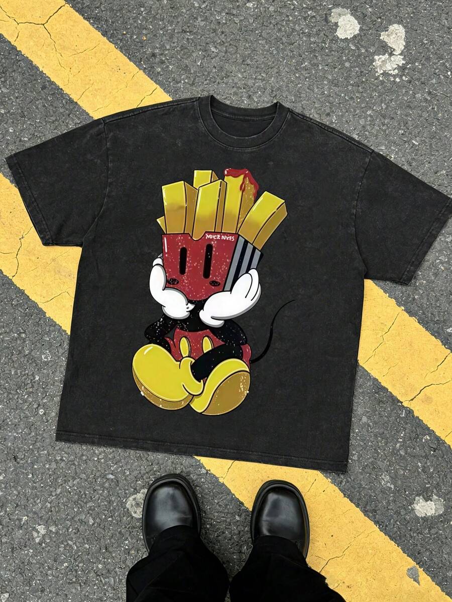 Disney French Fries Head Funny Graphic T-Shirt, Summer Vintage Washed 230g Heavyweight Short Sleeve - 黑色 - 查看 1