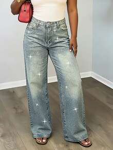Women's Casual Loose Straight Leg Rhinestone Embellished Maxi Pants - Light Wash - View 2