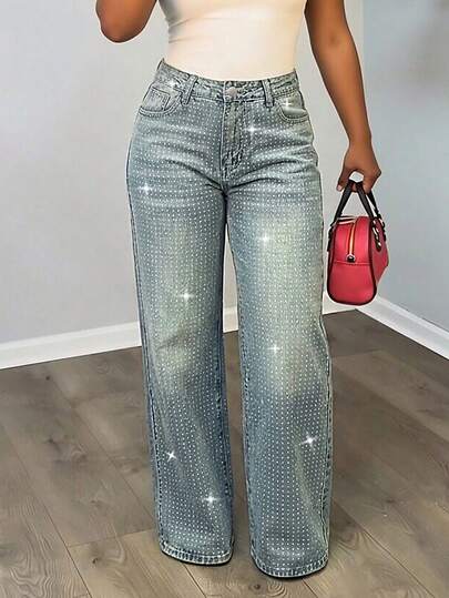 Women's Casual Loose Straight Leg Rhinestone Embellished Maxi Pants