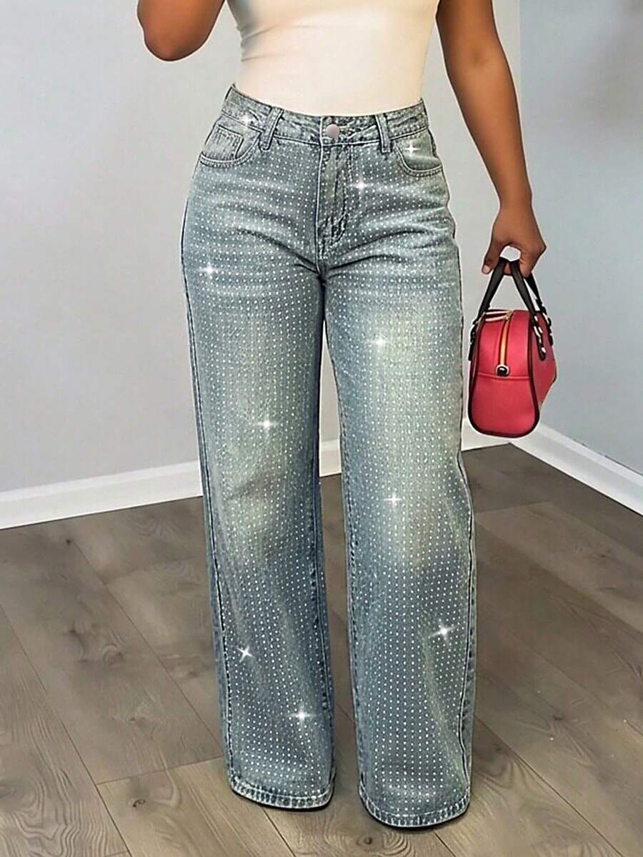 Women's Casual Loose Straight Leg Rhinestone Embellished Maxi Pants - Light Wash - View 1
