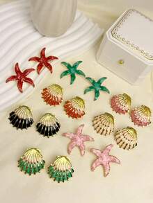 2-4对简约贝壳/海星造型耳环套装，采用低过敏性不锈钢精心打造。这些珠宝的设计灵感源自海滨度假风格，专为女性设计。 - 彩色 - 查看 8