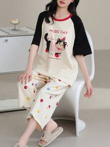 2pcs Women Pajama Set, Short Sleeve Top And 3/4 Pants, Soft Homewear For Spring/Summer - Apricot - View 1