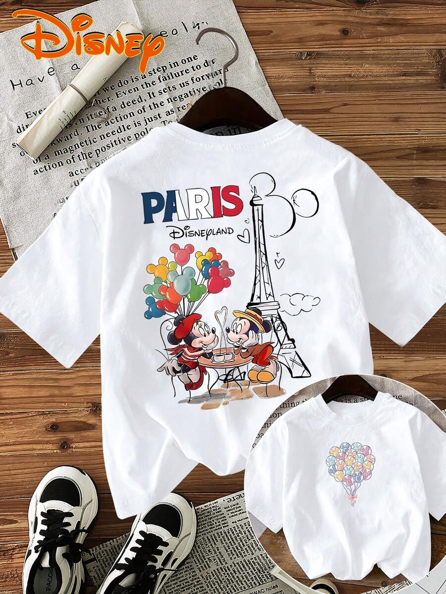 Disney Women's 100% Short Sleeve T-Shirt - Round Neck Casual Tee With Paris Disneyland Mickey Minnie Eiffel Tower Balloon Print And Text. Spring/Summer Women's Running Fashion Round Neck 100% Short Sleeve T-Shirt. Women's Short Sleeve Round Neck - 白色 - 查看 1