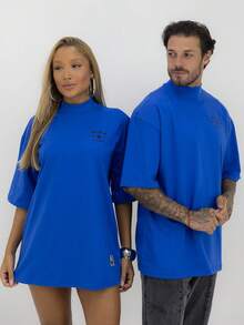 Camiseta Oversized Gola Alta Star Black Alto Relevo Streetwear Algodão Premium - Azul - Visão 5
