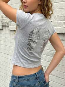 Sequin Wing Embroidered Y2K Cropped Top T-Shirt, Fitted Street Style Crop Top, Summer Party Casual White - White - View 3