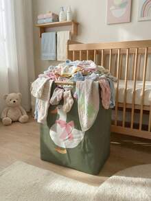 大容量可折叠洗衣篮，动物纹图案，木质提手，多用途，适用于浴室、婴儿房、脏衣服、玩具和家居收纳 - 彩色 - 查看 5