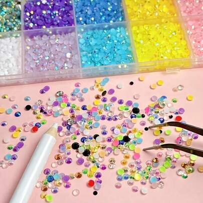 Shimmering 24-Piece Set, Resin Rhinestone Nail Art Decorations, Includes Fine-Tip Brush And Tweezers. Flat-Bottomed Design Suitable For DIY Crafts, Clothing, Nail Art And Cosmetic Embellishments. Valentine's Day Gift, Gift For Women.