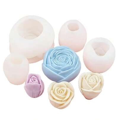 4件套郁金香和玫瑰花硅胶蜡烛模具，DIY花蕾石膏家居装饰硅胶模具