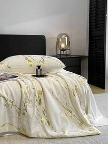 1件极简主义大理石纹箔水洗桑蚕丝轻盈透气柔软夏季被子，可机洗，适合卧室和客房四季使用（不含枕头和枕套） - 流金-奶白 - 查看 6