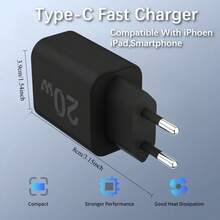 20W Phone Charger Adapter, 20W USB-C Fast Charging Power Adapter, Compatible With IPhone 15 Pro Max/15 Pro/15/14/13/12/11 And Pixel 8, Single C-Type Port Design - (Black) - EU C Type Plug(220-240V) - View 3