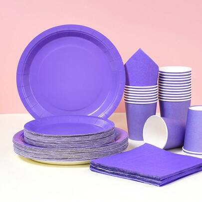 Purple Disposable Tableware Set, 7/9 Inch Party Plates, Disposable Paper Plates, Napkins, Cups, Suitable For Festivals, Weddings, Engagements, Birthdays, Parties, Celebrations