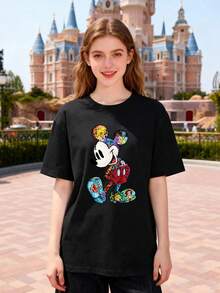 Disney Women's Casual Cotton Minnie Mouse Patchwork Regular Fit Short Sleeve Round Neck T-Shirt - 黑色 - 查看 1