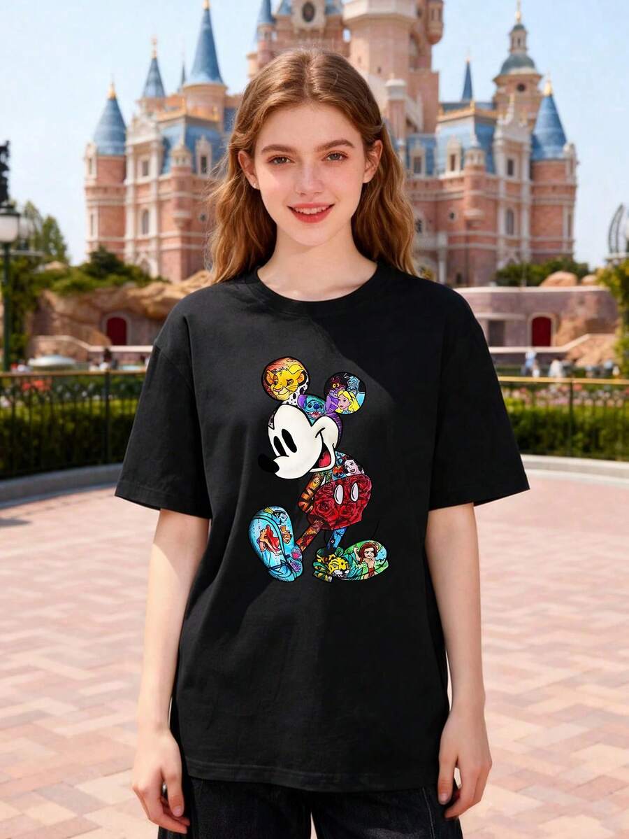 Disney Women's Casual Cotton Minnie Mouse Patchwork Regular Fit Short Sleeve Round Neck T-Shirt - 黑色 - 查看 1
