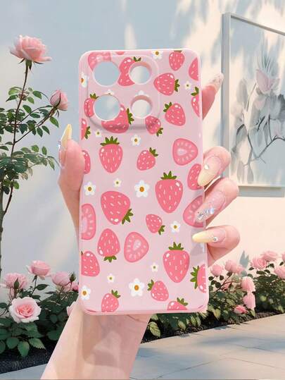 غطاء هاتف قوي مقاوم للصدمات مع نمط أبيض بسيط من الزهور والفراولة ذو حافة وردية مستقيمة متوافق مع 17/17 Pro/17 Pro Max/17 Air/16/11/16 Pro/16 Plus/16 Pro Max/16e/15 Pro Max/13/14/12/11/7G/8P، Galaxy A3/12/13C/NOTE12 4G/NOTE13، A16/A17/A18/A57/A58/A78/A98/A60/A3X 4G، Y20/Y21/Y03، HONOR X8/X8B/X7A/X5/X9B/X9A