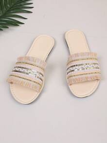 Beaded Fringe Slide Sandals For Teens - Embroidered Boho Flat Slippers, Summer Shoes - Beige - View 2