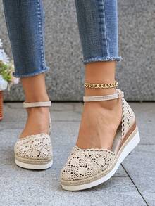 Sandal Wedges Linen Musim Panas Terbaru untuk Wanita, Sandal Roman Anyaman Berongga dengan Sol Tebal dan Tali yang Dapat Diatur - Krem - View 4