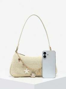 1pc Women's Retro Minimalist Casual Vacation Ocean Shell Pendant Paper Woven Crossbody Baguette Bag, Suitable For Street, Date, Vacation - Beige - View 4