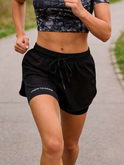 女士运动紧身短裤，撞色滚边，抽绳松紧腰带，速干跑步短裤
