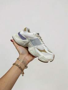 Women's Casual Chunky Sneakers, Beige Platform Sneakers With Lug Sole. - Rượu sâm banh - Xem 2