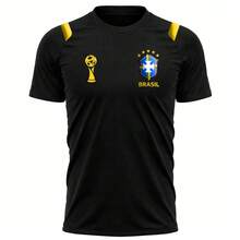 Men's 3D Polyester Soccer T-Shirt, Brazil World Cup, World Cup, National Team Print, Pink, Black, Goal, Games, Yellow, Black, Blue - 黑色 - 查看 1