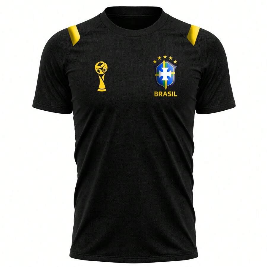 Men's 3D Polyester Soccer T-Shirt, Brazil World Cup, World Cup, National Team Print, Pink, Black, Goal, Games, Yellow, Black, Blue - 黑色 - 查看 1