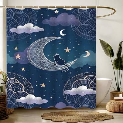 1pc Cartoon Fashion Dreamy Starry Sky Shower Curtain, Retro Starry Sky Cloud Shower Curtain, Suitable For Various Rooms, Bathroom Bathtub Partitions, Bathroom Accessories, Bathroom Shower Curtain Decoration Shower Curtain