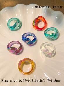 7pcs Iridescent Aurora Resin Rings, Asymmetrical Unique Design Finger Rings - Multicolor - View 2