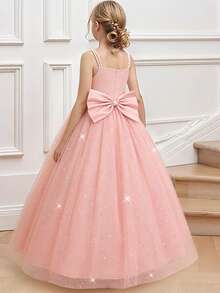 Tween Girls' Long Sequin & Mesh Bowknot Elegant Birthday Party Formal Dress, Excluding Headband - Dusty Pink - View 1