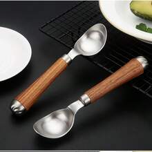 Wooden Handle Ice Cream Scoop, Stainless Steel Watermelon Fruit Dessert Spoon, High-Quality Ice Cream Scooper - Silver - View 3