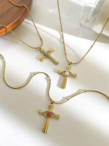 1pc INS Niche Design 18K Gold Plated Stainless Steel Cross & Eye Pendant Necklace With Natural Stone, Personalized Choker Necklace For Women - Cross Necklace - View 3