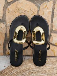 Women's Slippers, Gold Metal Decor Slippers, PU Leather Slippers, Flat Slippers, Round Toe Slippers, Flip Flops, Black Slippers, Metal Decor Slippers, Summer Slippers, Casual Slippers, Daily Wear Slippers, Beach Slippers, Holiday Slippers, Fashion Slippers, Slippers, Summer Essential, Comfortable Footwear, Wide Slippers, Gold Metal Decor, Flat Slippers, Black Shoes, Summer Fashion, Casual Shoes, Beach Outfit, Holiday Outfit - Black - View 5